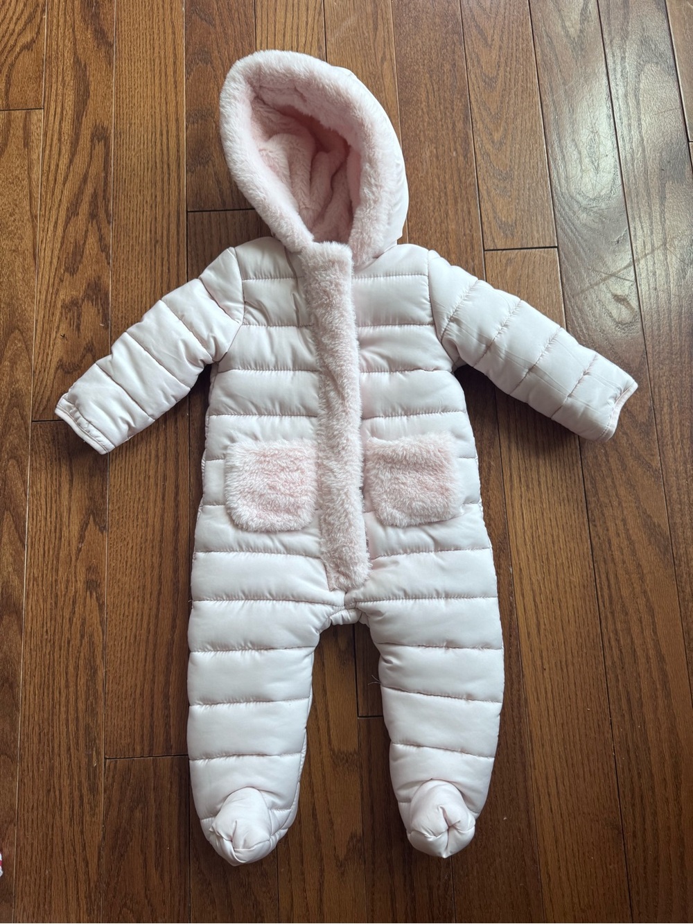 Nicole Miller Light Pink Quilted Hooded Footed One-Piece with Faux Fur Trim